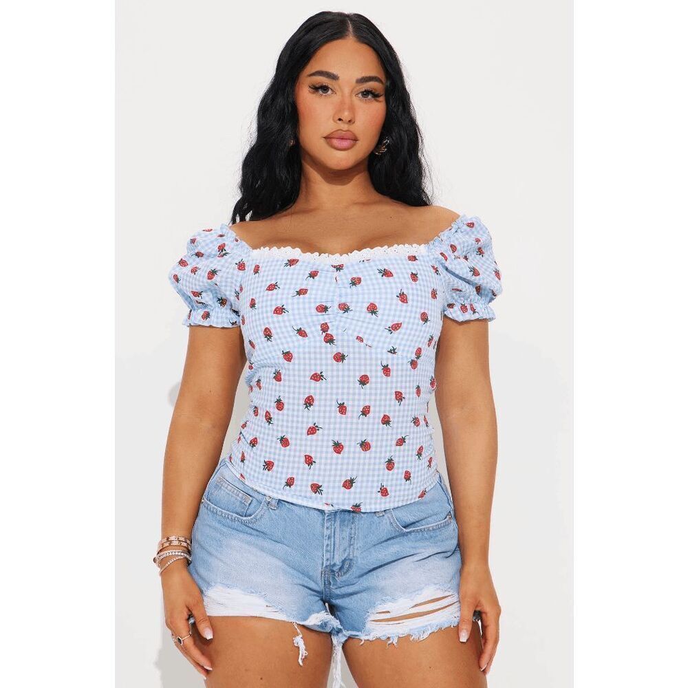 🍓 NWT Fashion Nova Camisa Top Strawberry Fields Gingham SIZE S